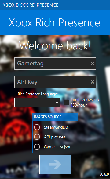 Main window of the Xbox Rich Presence app